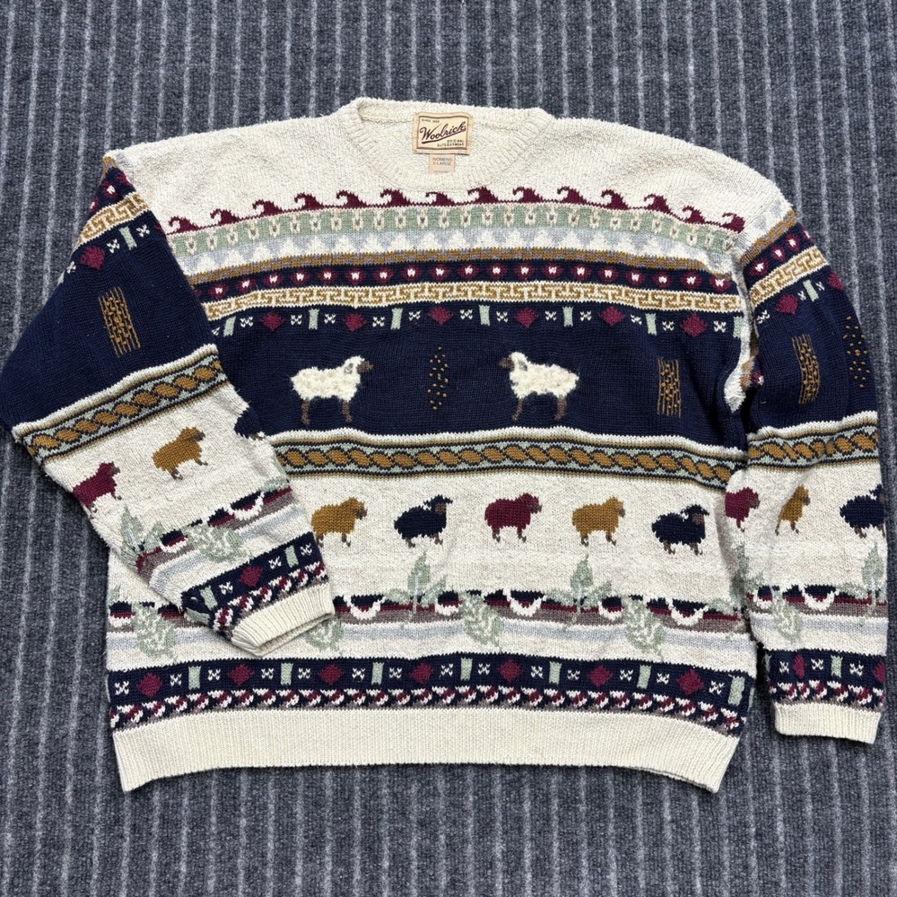 Woolrich Womens XL Sheep Knit Sweater Cream Navy Silk Ramie Blend Vintage 90s